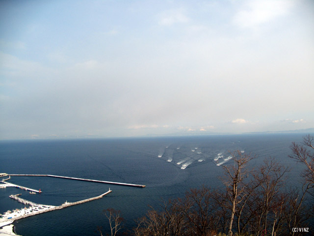 雪景色　北海道　道東 知床 羅臼（らうす） 展望台「潮風公園」から羅臼港戻る漁船を望む。　奥には国後島が見える。